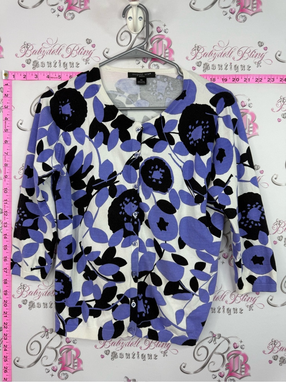 August silk Floral Button-Up Cardigan in Lavender, blue Black & White